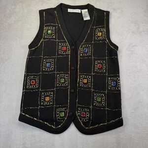 Victoria Jones Black Beaded‎ Knit Sweater Vest Rhinestone Jewel Embellished M